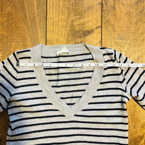 Club Monaco Gray & Dark Blue Striped V-Neck Wool Sweater, Size S - Picture 8 of 12